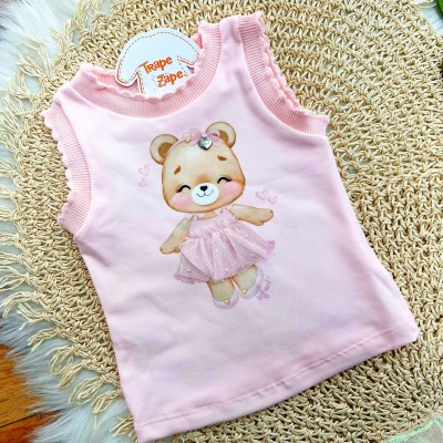 Conj. Regata Ursinha e Short Saia em Tule com Paetê - Rosa